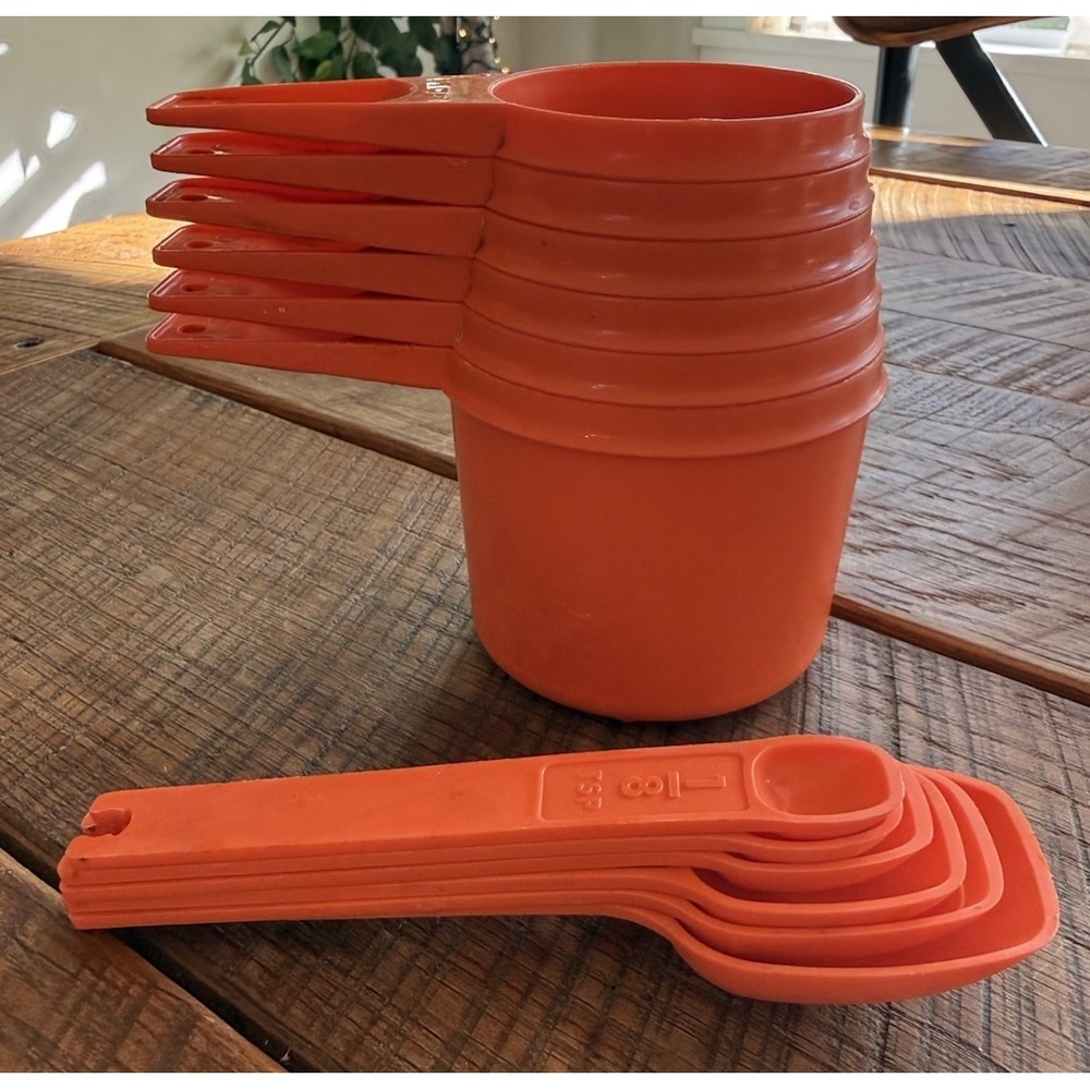 Vintage Tupperware Harvest Orange Measuring Cups & Spoons Set Complete 12 Pieces